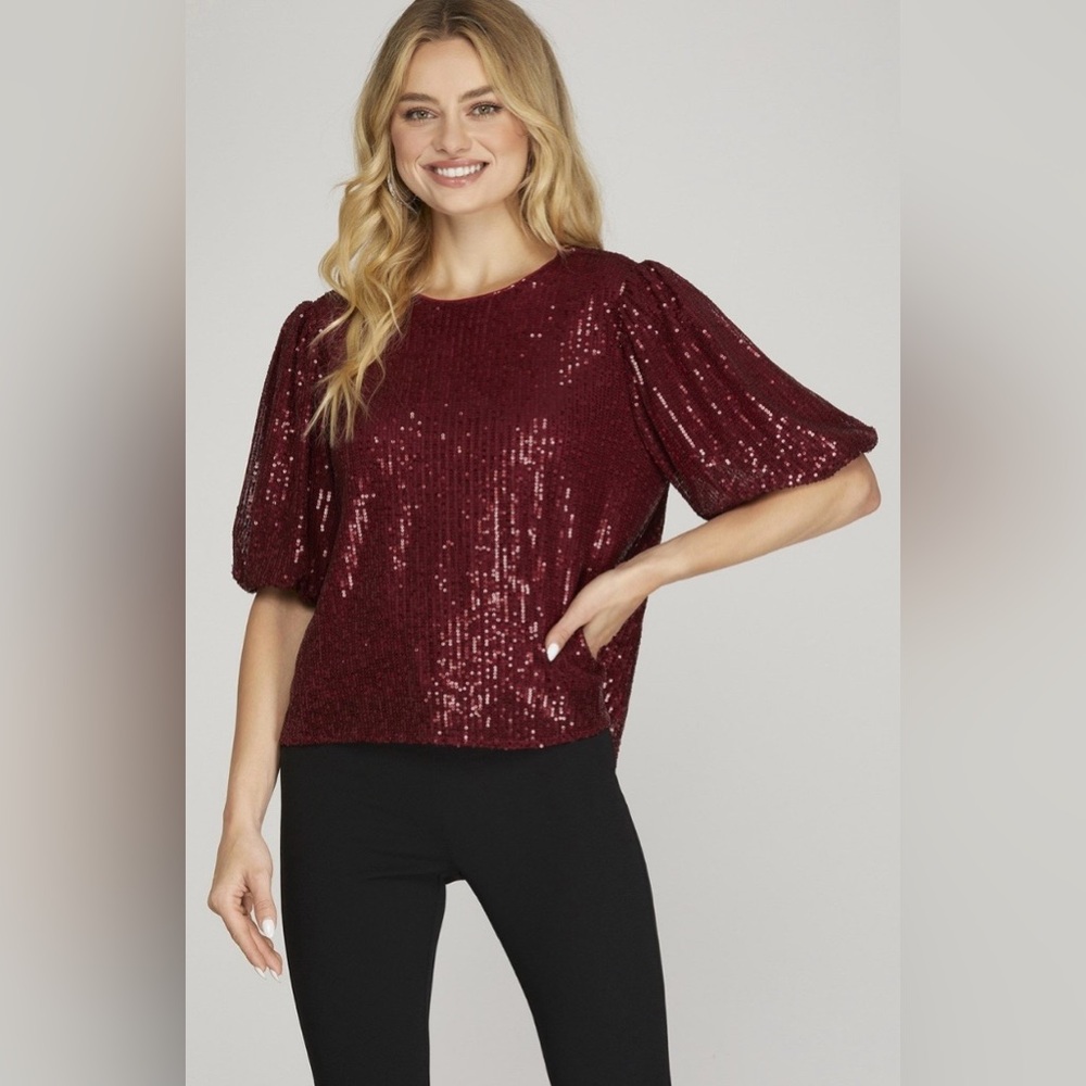 NWT She + Sky Deep Red Sequin Blouse Size L